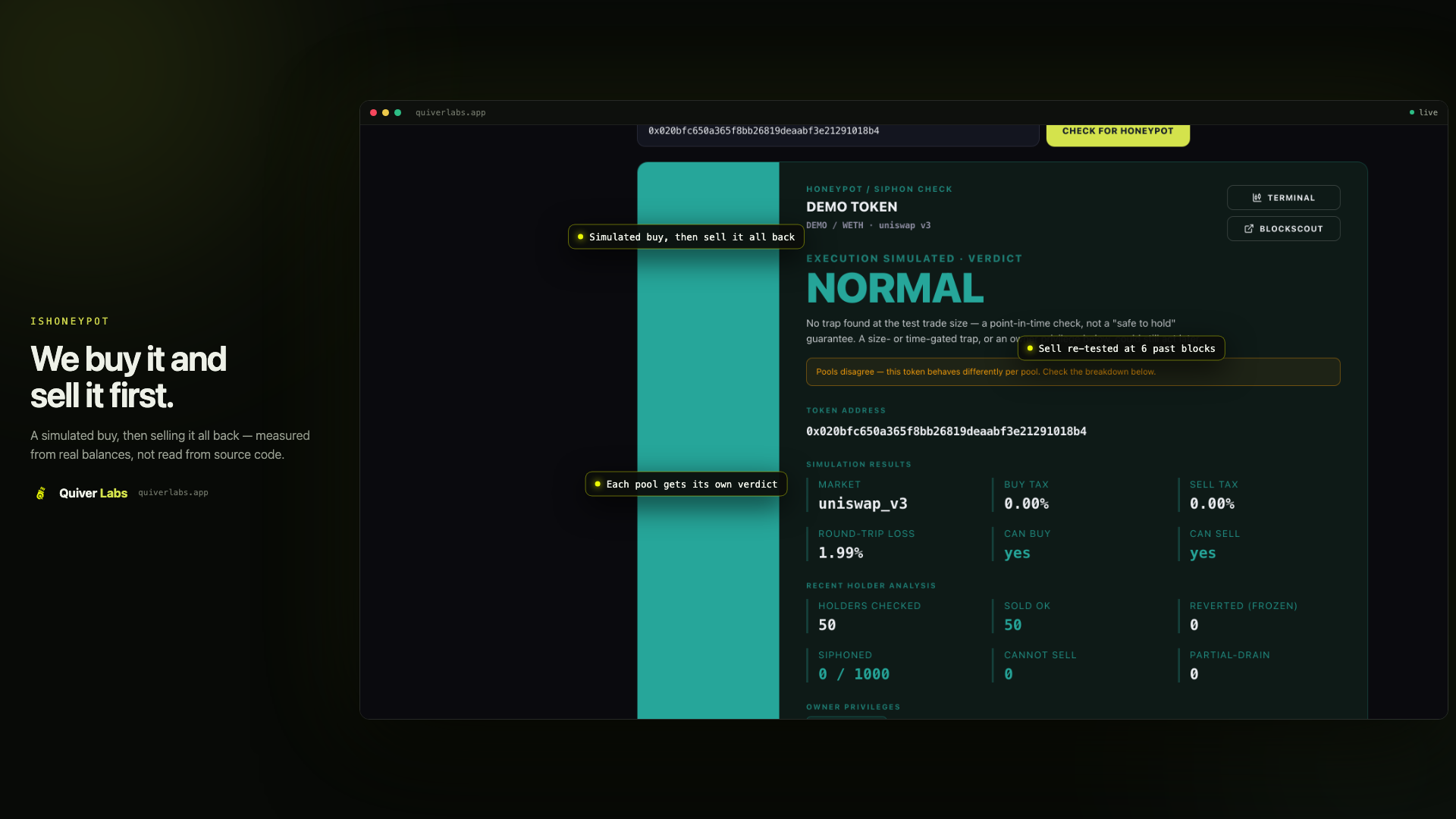 isHoneypot: a simulated buy and full sell-back with taxes, round-trip loss, and 50 recent holders replayed.