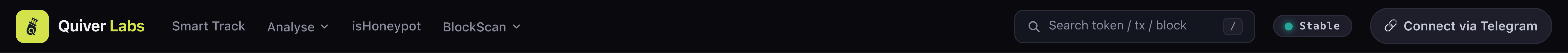 The header, logged out. Connect via Telegram is the only way in — no form, no password.