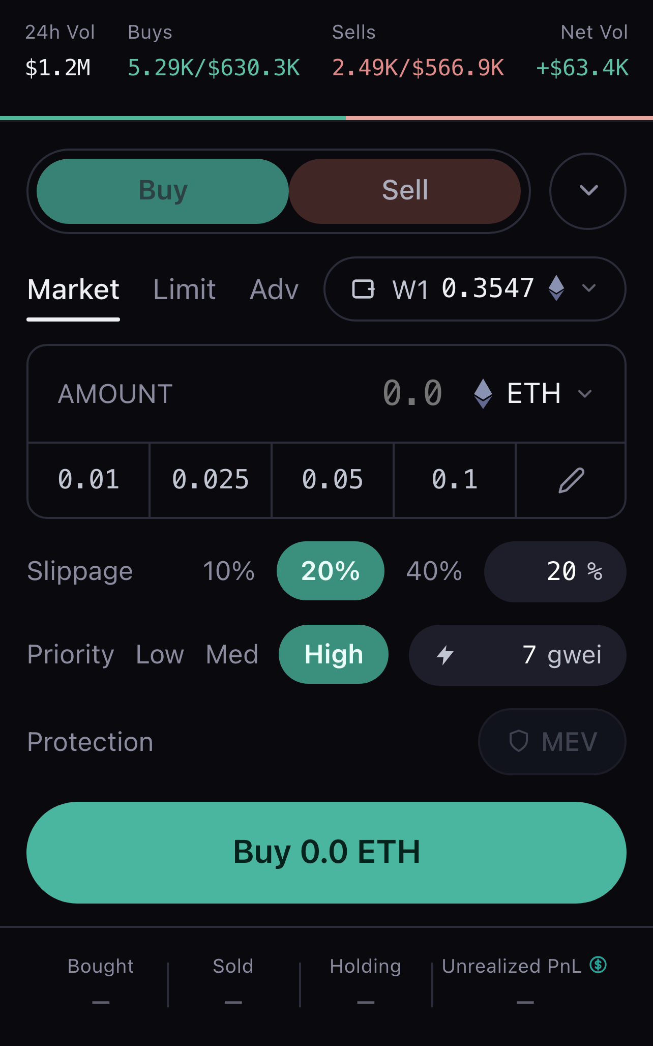 The order panel. Clicking an amount preset sends the trade — there is no confirmation step.
