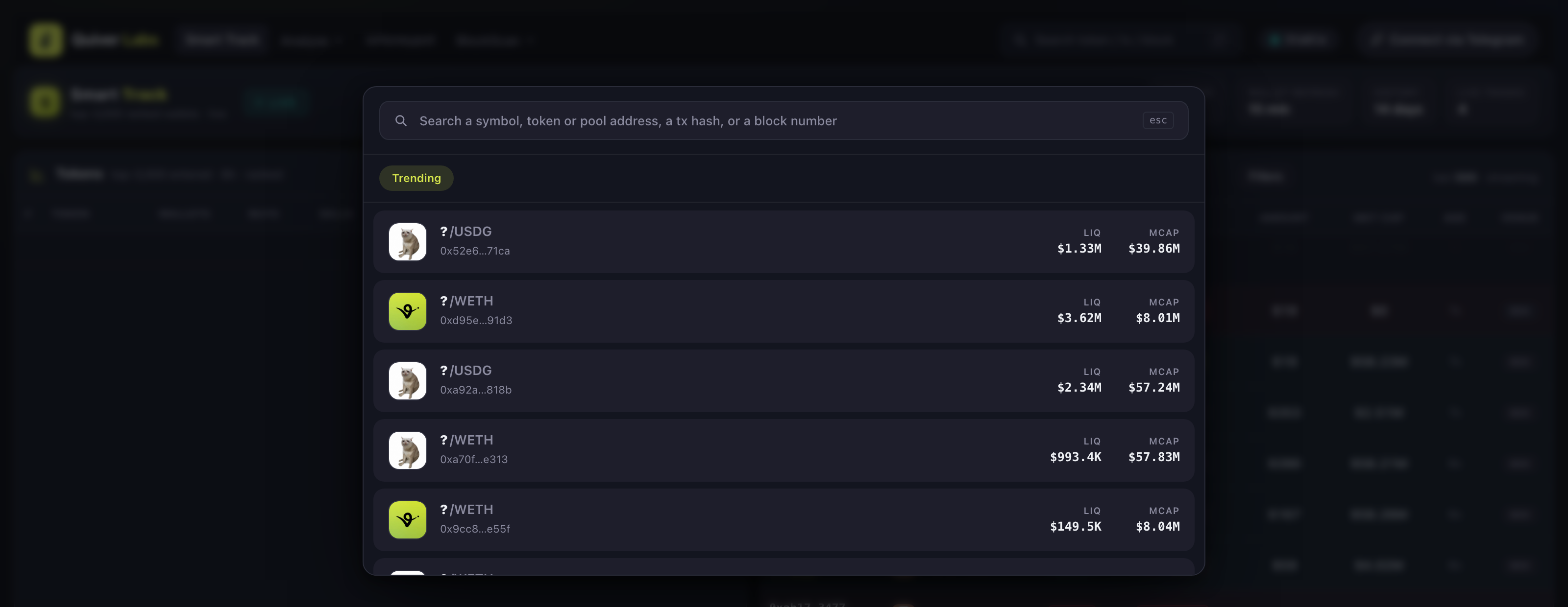 Search: press / anywhere. A symbol, a token or pool address, a tx hash, or a block number all work.