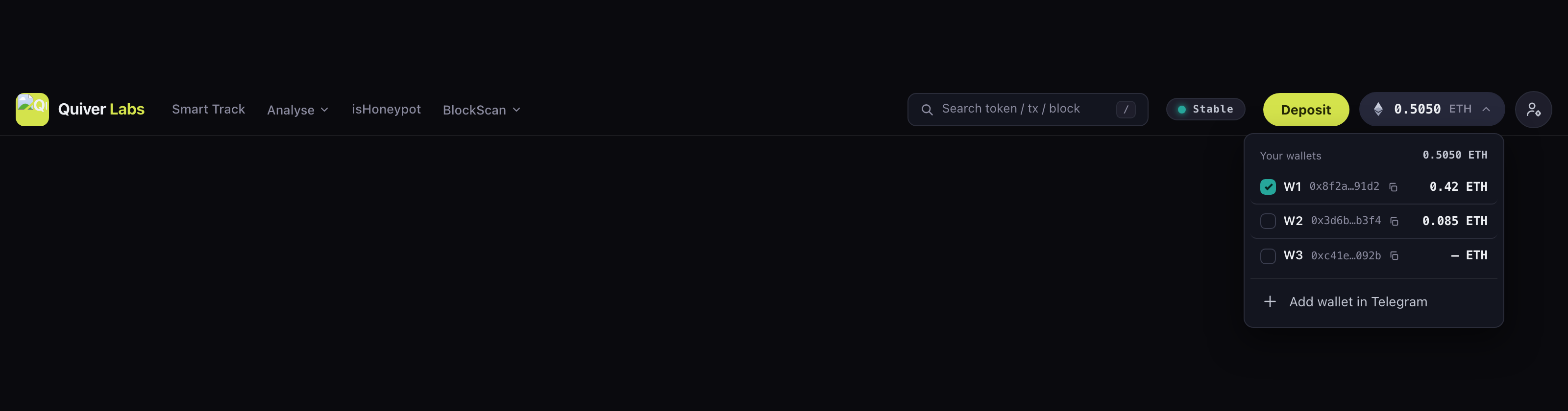 The wallets dropdown. Example account — W1 is ticked into the buy list, and W3’s balance would not read, so it shows a dash rather than a zero.